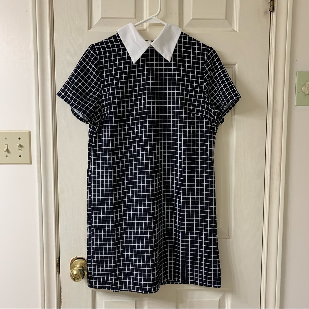Unbranded, US M, Black and White Collared Window Pane Plaid Short Sleeved Dress